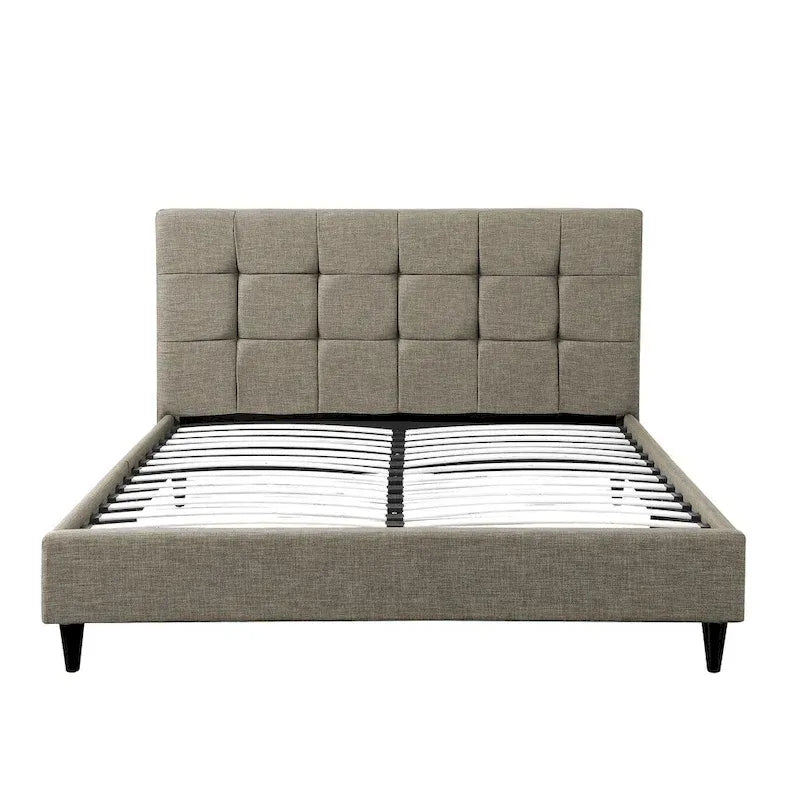 Upholstered Square Stitched Platform Bed with Wooden Slats