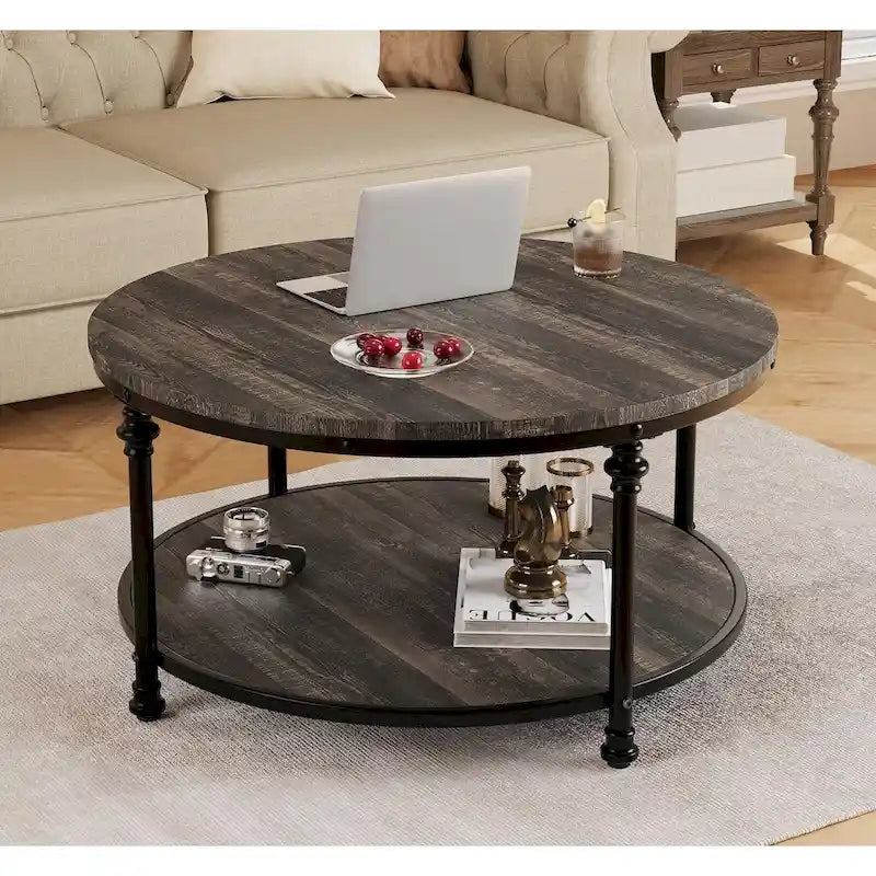 Round Coffee Table with 2-Tier Shelf, 30.31"