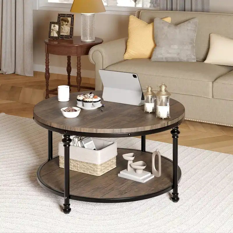 Round Coffee Table with 2-Tier Shelf, 30.31"