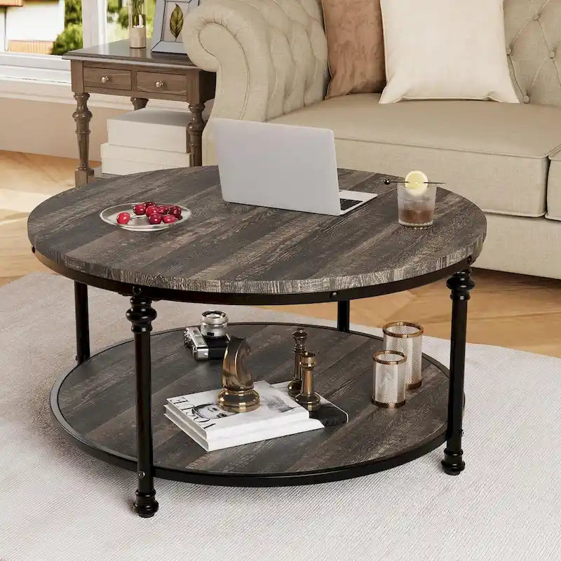 Round Coffee Table with 2-Tier Shelf, 30.31"