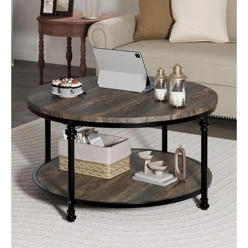 Round Coffee Table with 2-Tier Shelf, 30.31"