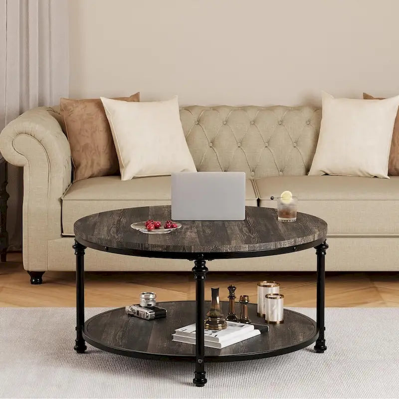 Round Coffee Table with 2-Tier Shelf, 30.31"