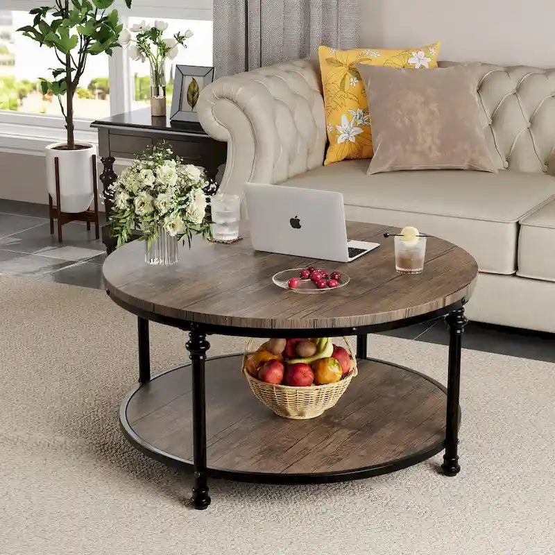 Round Coffee Table with 2-Tier Shelf, 30.31"
