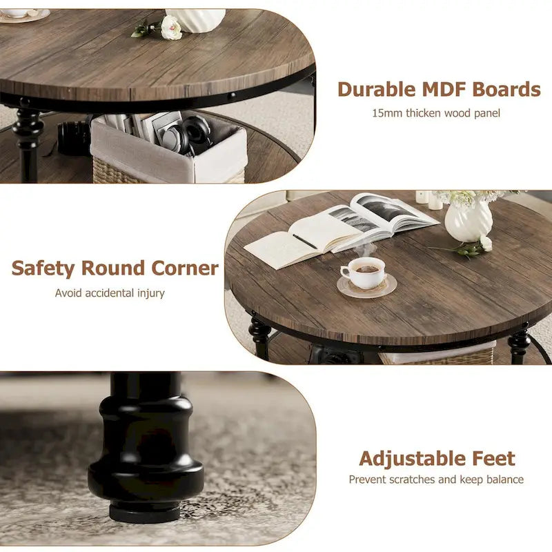 Round Coffee Table with 2-Tier Shelf, 30.31"