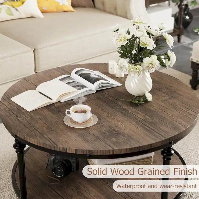 Round Coffee Table with 2-Tier Shelf, 30.31"