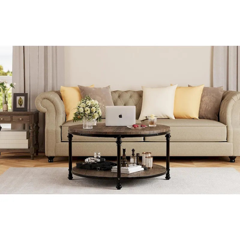 Round Coffee Table with 2-Tier Shelf, 30.31"