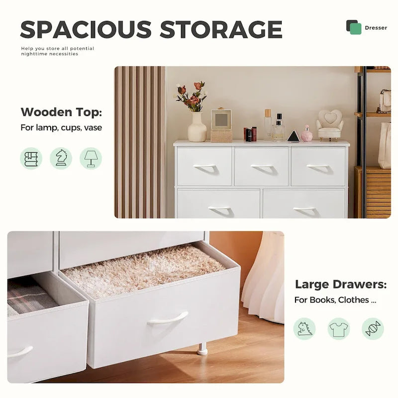 7-Drawer Fabric Dresser with Metal Frame – White