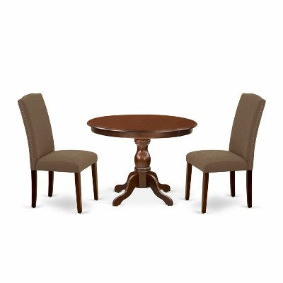 3-Piece Mahogany Finish Solid Wood Top - Button Tufted Upholstered Dining Room Set - Seats 4