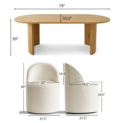 Dining Table Set for 6, Oval 79 Table and Chenille Fabric Armless Barrel Chairs with Casters, Perfect for Kitchens-Panipeachy