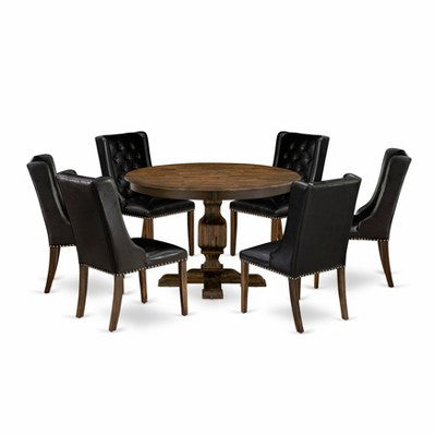 HomeStock Belmont 7 Piece Kitchen Dining Table Set Consists of a Dinner Table and 6 Black PU Leather Dining Room Chairs - Distressed Jacobean Finish