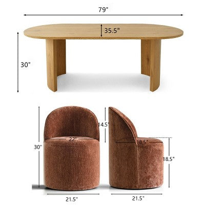 Dining Table Set for 6, Oval 79 Table and Chenille Fabric Armless Barrel Chairs with Casters, Perfect for Kitchens-Panipeachy
