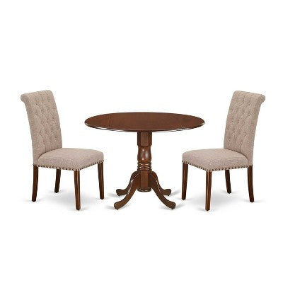 HomeStock 3-Piece Round Mahogany Finish Solid Wood Top Dining Table with 2 Parson Chairs with Drop Leaf