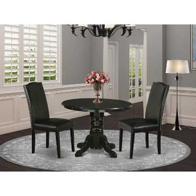 Dinette Set 3Pc Round Table & 2 Parsons Chairs - Black PU Leather - 42 Table