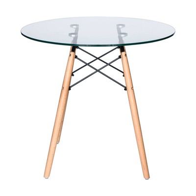 LeisureMod Dover 3-Piece Dining Set  31 Round Clear Glass Bistro Table with 2 Acrylic Chairs with Wooden Dowel Legs, Modern Kitchen, Dining Room