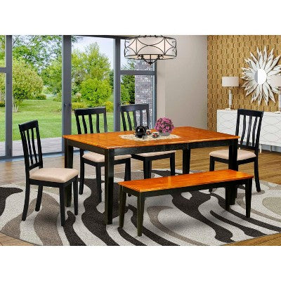 Nordic Dining Set - 6 Piece Kitchen Table & Chair Set - Black Cherry Finish - Rectangle Table with Bench