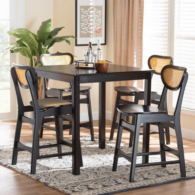 Baxton Studio Hesper Mid-Century Modern Wood and Rattan 5-Piece Pub Set