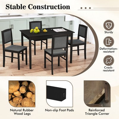Costway 5 PCS Dining Table Set for 4 w/Rubber Wood Legs Upholstered Seat Padded Backrest
