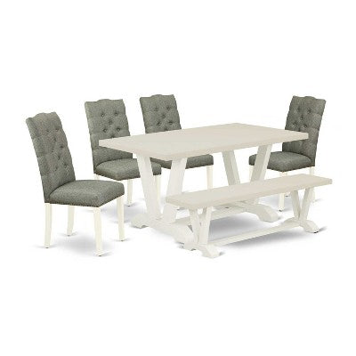 HomeStock 6-Pc Rectangle Natural Oak Finish Solid Wood Top Dining Table with 1-Bench, 4-Chairs