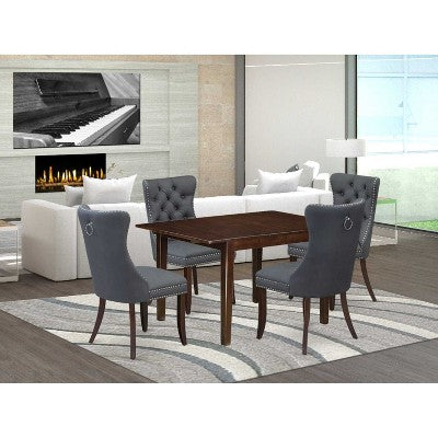 5-Piece Mahogany Finish Solid Wood Top - Rectangular Upholstered Dining Room Set - Seats 4