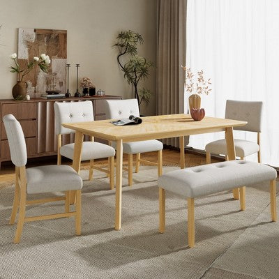 6 Piece Wood Dining Room Table Set, Dining Room Rectangular Table with 4 Upholstered Chairs and Bench