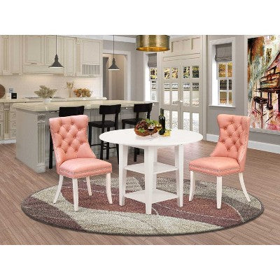 HomeStock 3-Pc Linen White Finish Round Solid Wood Top with Dropleaf Dining Table Set