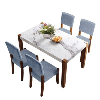 5-Piece Dining Table Set with 46-Inch Faux Marble Table and 4 Upholstered Chairs, Rubberwood Legs, for Dinette