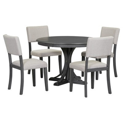 Round Dining Table Set for 4, 5 Pieces Retro Kitchen Table Set with 4 Upholstered Chairs