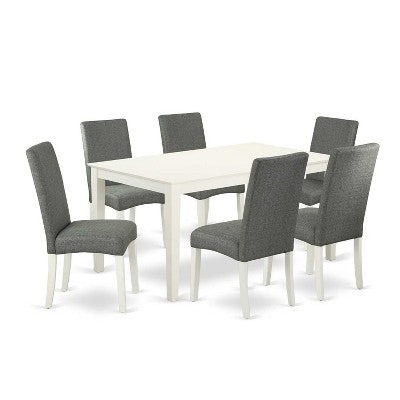 HomeStock 7-Pc Rectangle Linen White Finish Solid Wood Top Dining Table with 6 Parson-Chairs