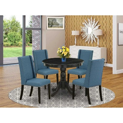 HomeStock 5-Piece Round Wirebrushed Black Finish Solid Wood Top Dining table with 4-Chairs