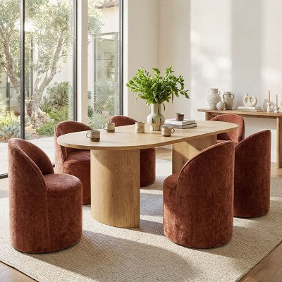 Dining Table Set for 6, Oval 79 Table and Chenille Fabric Armless Barrel Chairs with Casters, Perfect for Kitchens-Panipeachy