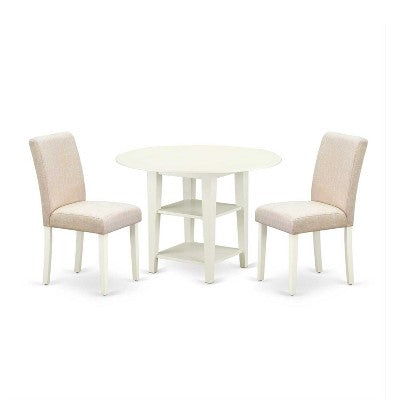 Round Dining Table Set 3pc 20/42 Inch Table w/ 2 Linen Chairs - Beige Fabric