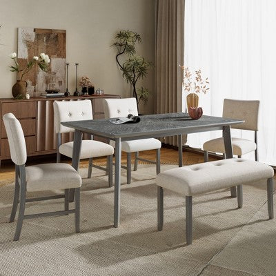 6 Piece Wood Dining Room Table Set, Dining Room Rectangular Table with 4 Upholstered Chairs and Bench
