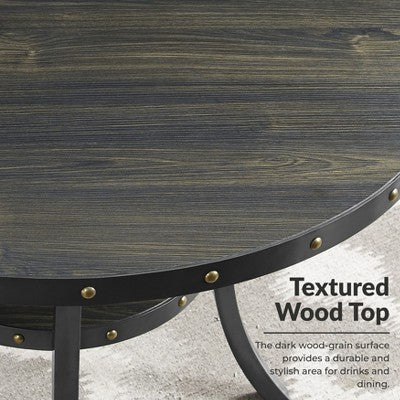Biony 3-Piece 36 Round Espresso Finish Bar Table with 2 Blue Fabric Nail Head Pub Chairs