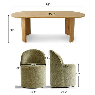 Dining Table Set for 6, Oval 79 Table and Chenille Fabric Armless Barrel Chairs with Casters, Perfect for Kitchens-Panipeachy