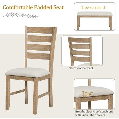 Farmhouse Kitchen Dining Table Set for 6, Wood Rectangle Table and 4 Upholstered Chairs & Bench