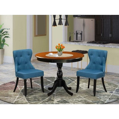 3-Piece Black and Cherry Finish Solid Wood Top - Button Tufted Dining Room Set - Seats-4