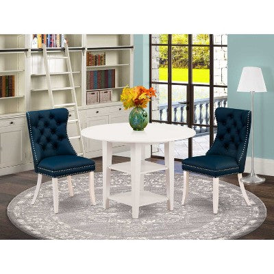 HomeStock 3-Pc Linen White Finish Round Solid Wood Top With Dropleaf Dining Table Set