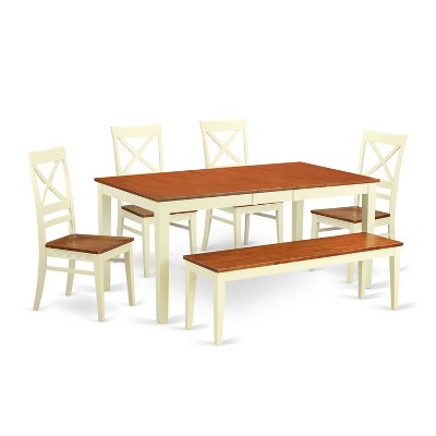 HomeStock 6-Piece Rectangle Buttermilk and Cherry Finish Solid Wood Top dining Table with 1-Bench and 4-Chairs