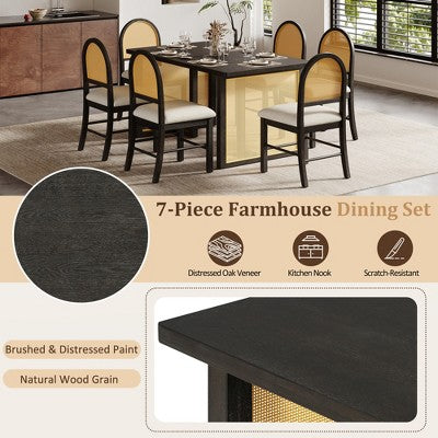 GDFStudio Rose 7 Piece Farmhouse Dining Table Set with 59.8 Rectangular Dining Table and Upholstered Rattan Chairs