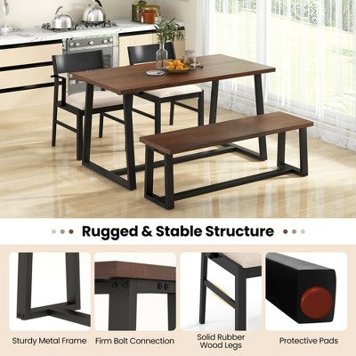 Costway 4 Pieces Dining Table Set Kitchen Table with 2 Armchairs & 1 Bench for 4 Coffee/Black