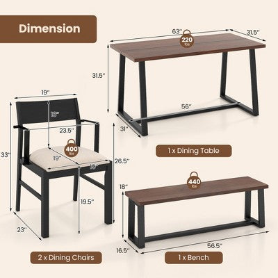 Costway 4 Pieces Dining Table Set Kitchen Table with 2 Armchairs & 1 Bench for 4 Coffee/Black