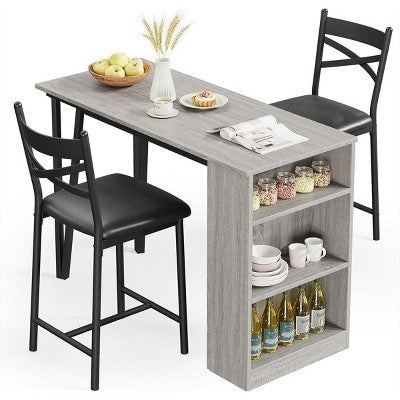3 Piece Bar Table Set for 2, Bar Table and Chairs Set with with Flip Top Extension, Dining Table Set with Storage Shelves, Suitable for Small Space