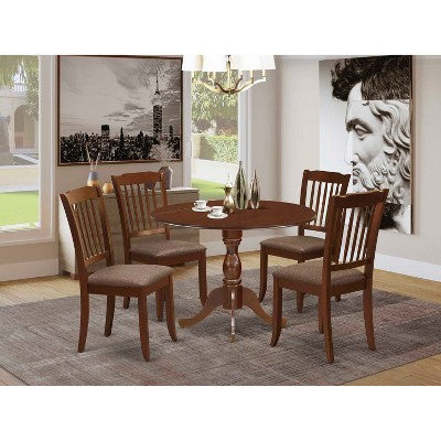HomeStock 5-Piece Mahogany Finish Solid Wood Top Dining table with 4 Chairs with Drop Leaf Slat Back