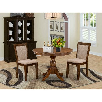 HomeStock Round Dining Table Set Antique Walnut Linen Chairs