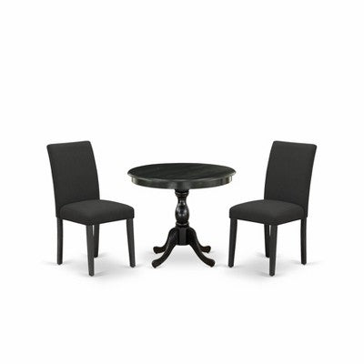 HomeStock Belmont 3 Piece Dinette Sets Contains 1 Wooden Dining Table and 2 Black Linen Fabric Dinning Chairs , High Back ? Wire Brushed Black Finish