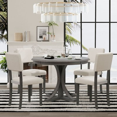 Round Dining Table Set for 4, 5 Pieces Retro Kitchen Table Set with 4 Upholstered Chairs