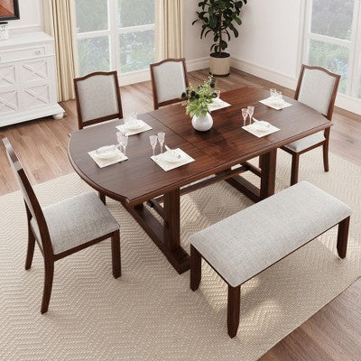 Farmhouse Extendable Dining Table Set for 6, 7 Pieces Wood Expanding Kitchen Table Set with 6 Upholstered Chairs