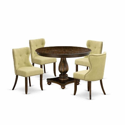 HomeStock 5-Piece Distressed Jacobean Finish Solid Wood Top Dining Table with 4 Parson Chair