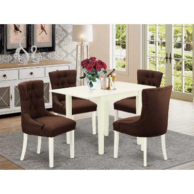Vintage Dinette Set 5Pcs - Parson Chairs & Table - Linen White Wood - Chocolate Fabric