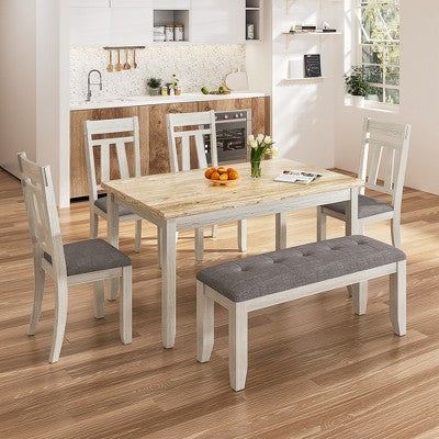 VECELO 6-Piece Wooden Dining Table Set, Dining Table with 4 Armless Upholstered Dining Chairs & Bench for Kitchen, Rubber Wood Legs, Gray
